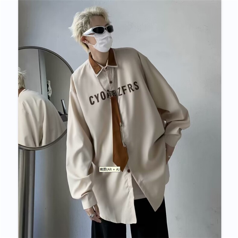 配领带衬衫男字母拼色韩版潮流高街2023秋冬季ins外套CY562-P38,男装衬衫,星座412-3