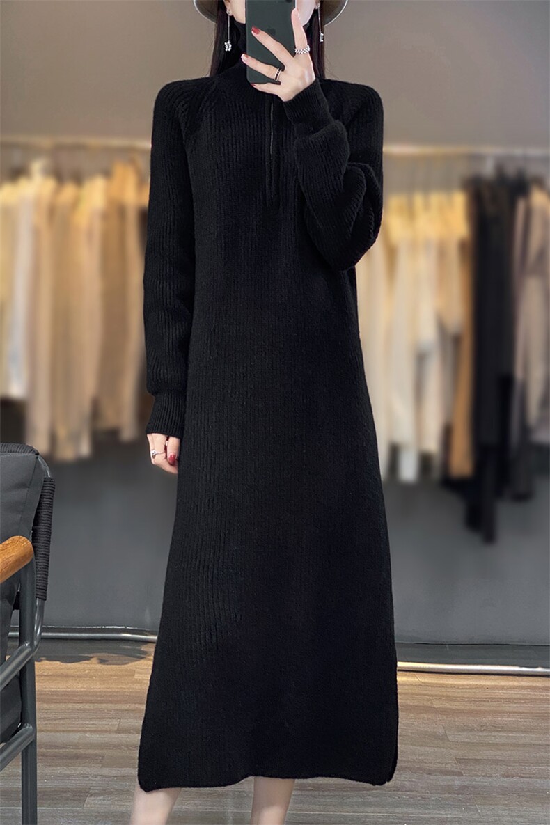 女士羊毛衫女秋冬季保暖针织POLO领羊毛裙,女装连衣裙,暖思雅