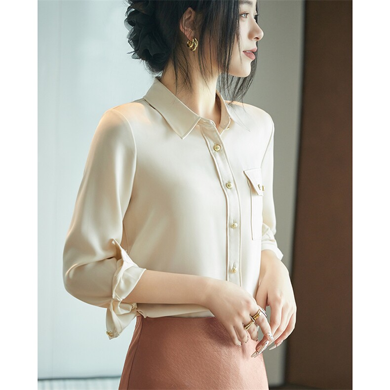 2025年夏季修身型百搭七分袖西装领缎面真丝衬衫,女装衬衫,帝知娇羊绒