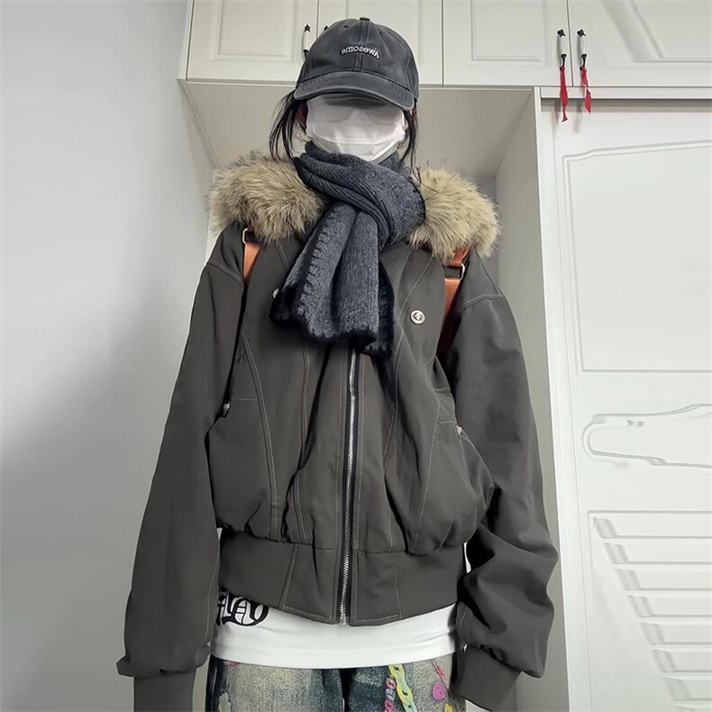 现货重磅boxy短款棉衣座山雕大毛毛领男女棉服水洗工装厚外套,男装棉衣,电商A486