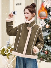 皮毛一体短外套女2025年秋冬新款韩版百搭时尚立领加厚毛绒机车服，女装羊羔毛/颗粒绒，拾衣