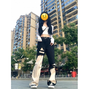 KN7026HH-特P47美式高街vibe撞色拼接牛仔裤男女小众设计感