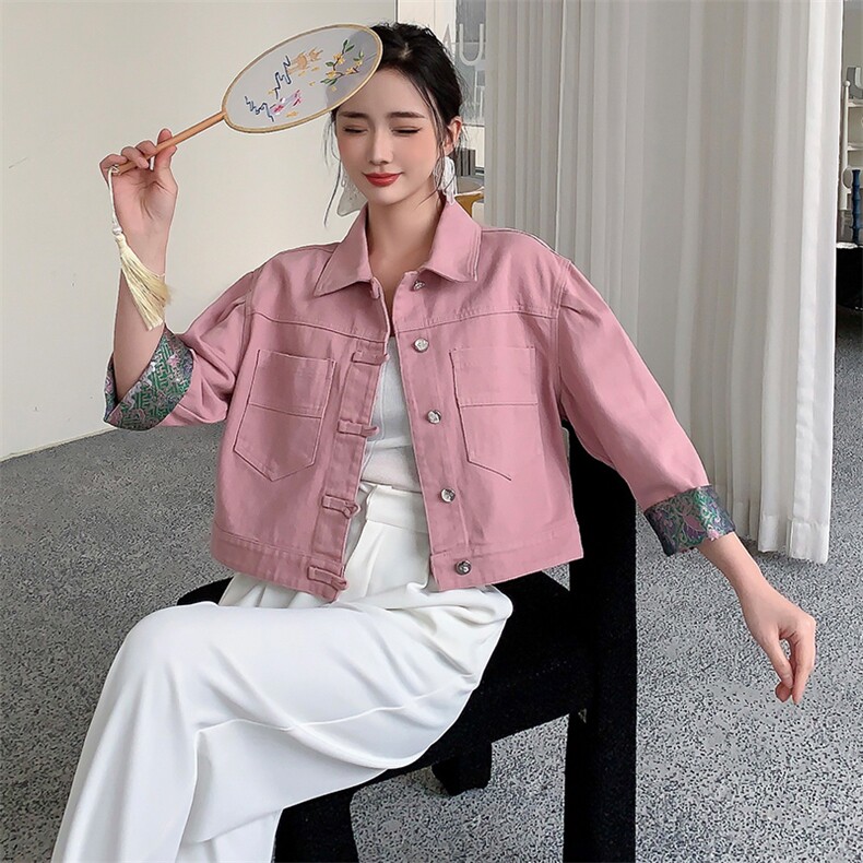 现货牛仔新中式风减龄网红B款宫廷/古典2024年春季,女装牛仔外套,美拉德工厂直营店