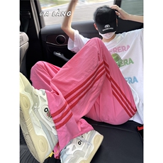 多巴胺穿搭粉色潮牌冰丝阔腿裤男条纹尼龙直筒美式降落伞兵裤子夏，男装休闲裤，星座612