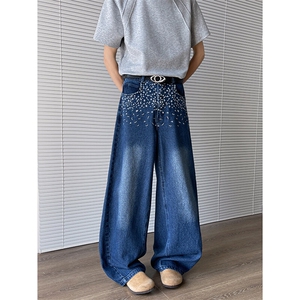 春夏季美式复古碎花直筒牛仔裤男女宽松休闲阔腿长裤潮N07821-P52图片