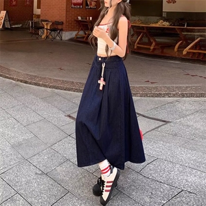 深蓝色牛仔半身裙女2025夏季新款港风高腰显瘦长款宽松a字中长裙图片