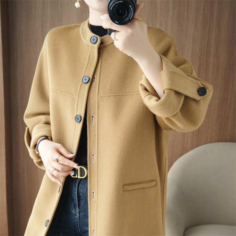 法式宽松2025秋冬阔版羊毛遮肉毛呢外套女中长款双面羊绒大衣呢子，女装双面呢大衣，悦洋羊绒