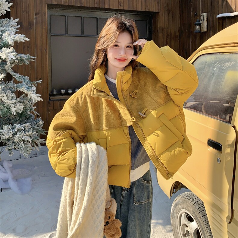 黄色牛角扣拼接羽绒服女2025新款短款小个子立领90绒加厚百搭外套，女装羽绒服，维壹