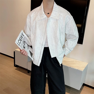 春秋设计感裂纹外套男高级时尚宽松短款翻领飞行夹克上衣2352P125图片