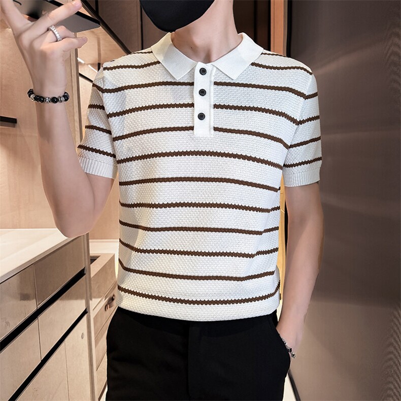 2025夏季短袖条纹T恤翻领针织毛衣冰丝Polo衫F6168-P55,男装T恤,电商D342