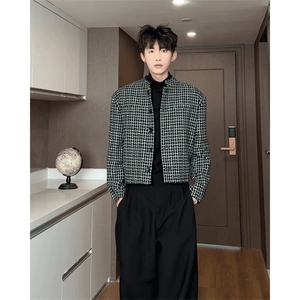 短款垫肩格子外套男春秋高级感痞帅飞行夹克新中式西服上衣WJK73图片