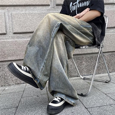 废土风牛仔裤男反面口袋设计感宽松直筒阔腿裤1001-1-GN607-P53，男装牛仔裤，星座1001-1