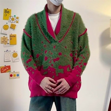 小众V领圣诞新年毛衣男冬季宽松慵懒风仿貂绒撞色提花套头针织衫，男装针织衫/毛衣，星座506A