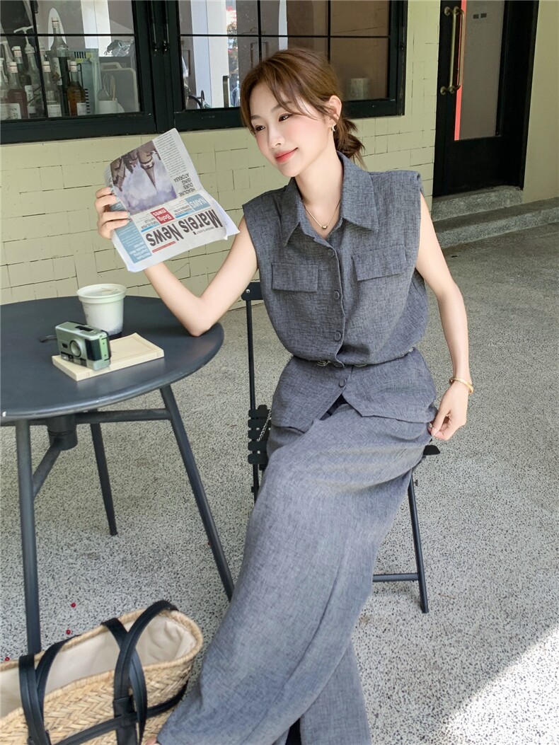 韩系高级感深灰色马甲套装女2025年夏季新款减龄显瘦阔腿裤两件套,女装套装/套裙,蝶眷