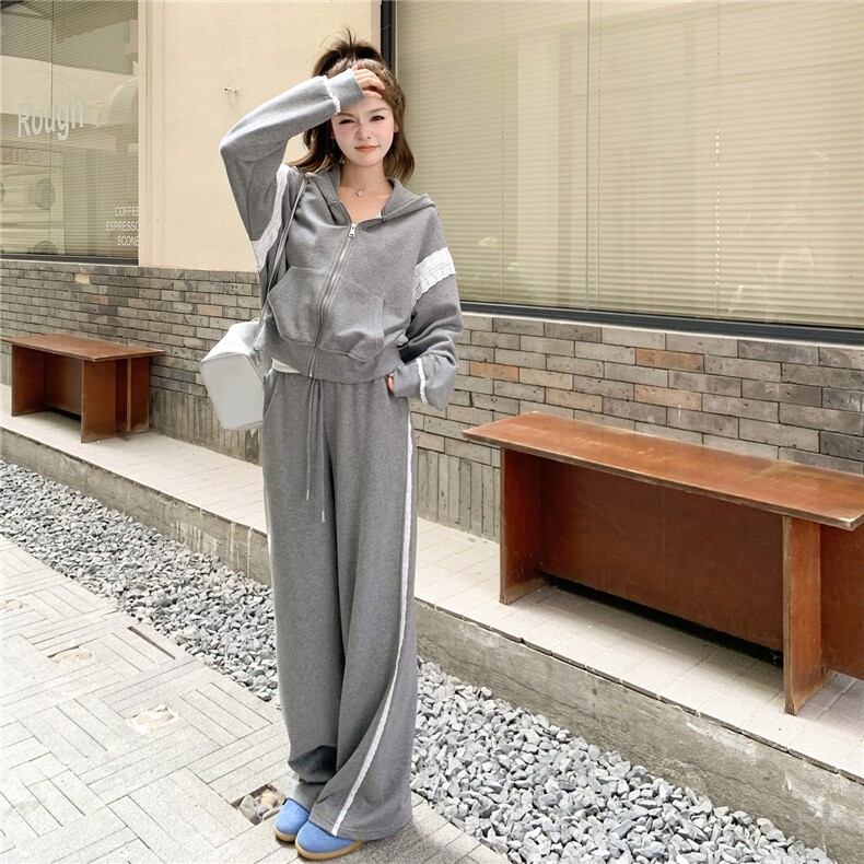 灰色蕾丝拼接连帽卫衣阔腿裤套装两件套女2025秋季新款韩系穿搭,女装套装/套裙,浙宝208