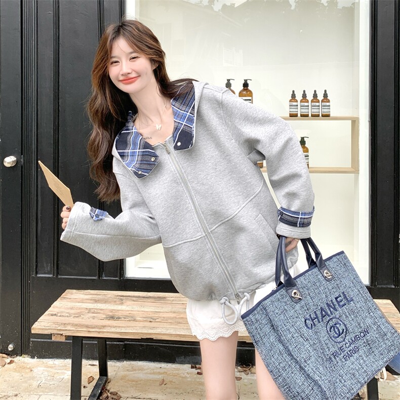 【秋装新品】格纹拼接连帽卫衣2C105-Q502-P165-k238,女装卫衣/绒衫,2C105