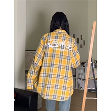 美式复古字母印花格子衬衫女秋季防晒潮牌长袖大码衬衣外套上衣，男装防晒衣，星座1210-1