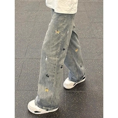 黑色复古趣味小狗刺绣牛仔裤女春季新款慵懒风直筒宽松显瘦阔腿裤，男装牛仔裤，星座1210-1