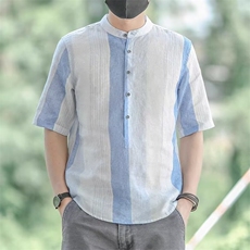 纯亚麻立领套头条纹拼接衬衫男短袖夏季宽松棉麻上衣拼色衬衣半袖，男装T恤，星座1210-1