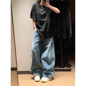 美式条纹弯刀阔腿牛仔裤男女秋季街头宽松百搭拖地长裤AMG206 P56图片