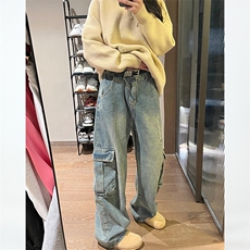 N101-P65美式水洗做旧工装牛仔拖地长裤男女秋冬做旧牛仔裤，男装牛仔裤，电商B327
