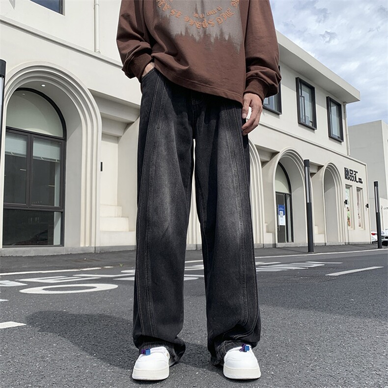 秋冬牛仔裤宽松直筒水洗复古潮流拼接长裤子N08855-P55,男装牛仔裤,星座308B-1