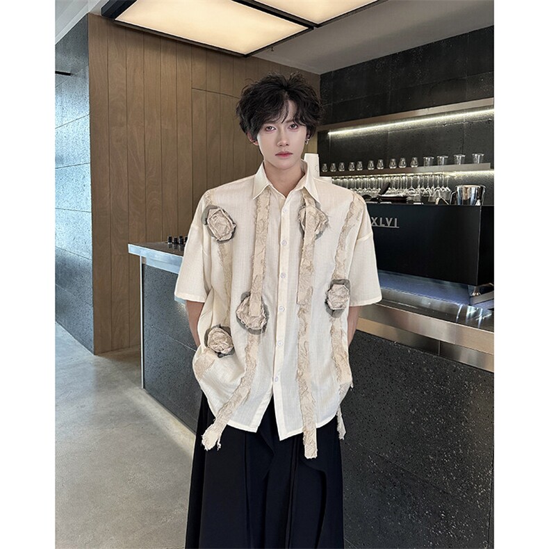 现货！25手工花朵艺术生飘带男士棉麻短袖衬衫CS133-P98,男装T恤,电商B288