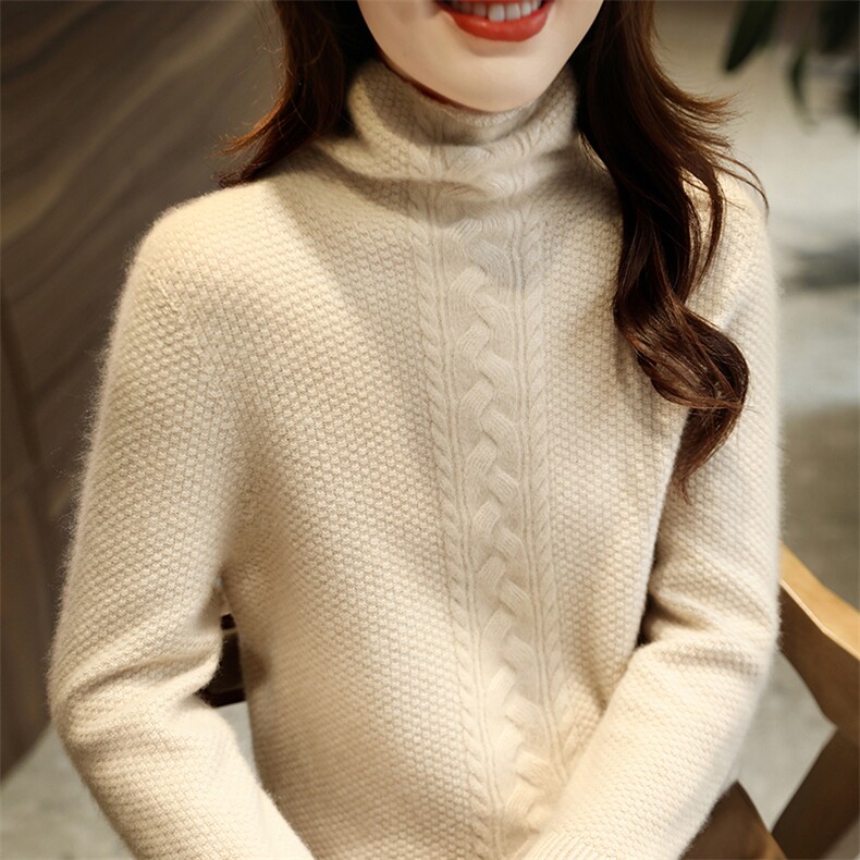 女士羊毛衫桂花针堆领纯色立体绞花舒适简约，女装羊毛衫，暮绒羊羊绒