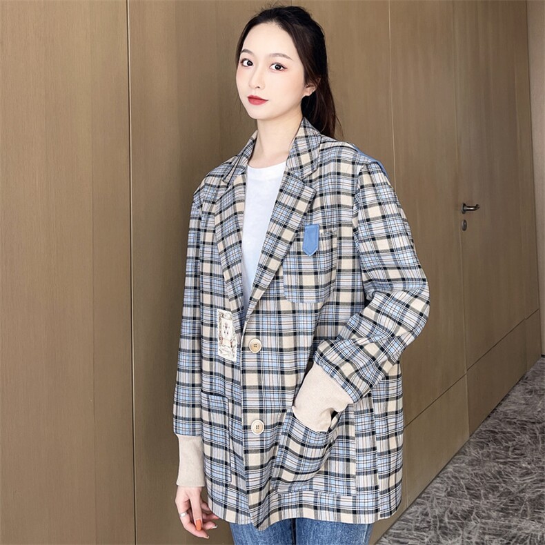 2021春季新款时尚格子西装外套修身显瘦百搭气质女装,女装西装,深水步