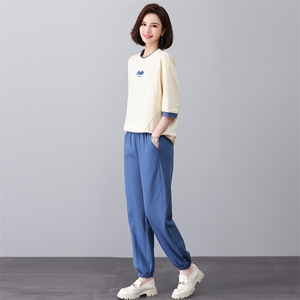 时尚运动休闲两件套女宽松显瘦百搭短袖长裤套装夏季新款韩版潮流图片