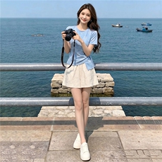女夏新款时尚减龄套装圆领侧绑带晕染设计短袖上衣蕾丝短裤两件套，女装套装/套裙，江南