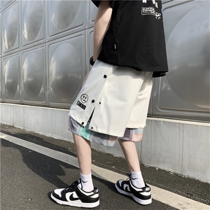 夏侧边排扣拼接腰果花休闲短裤男假两件宽松运动五分裤 K904-P28图片