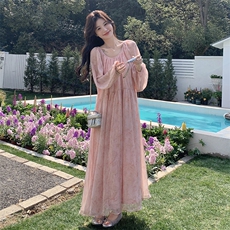 大码法式气质露背碎花雪纺连衣裙2025春季胖mm宽松收腰大摆长裙，女装连衣裙，浙宝220A