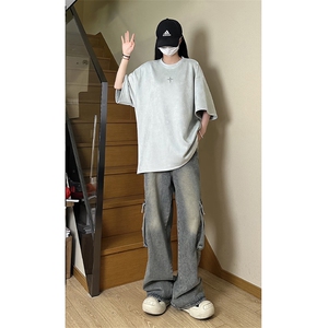 港风大码街头潮流百搭男女圆领短袖T恤五分袖 XZ213-T065-P35控48图片
