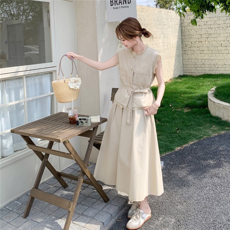 蕾丝工装马甲小香风套装裙2025新款女夏季韩系高级感半身裙一整套,女装套装/套裙,帛锦泉
