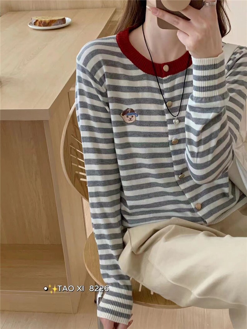 春秋薄款精纺羊毛条纹针织开衫女宽松拼色减龄刺绣休闲圆领外套潮,针织衫/毛衣,鑫之绒