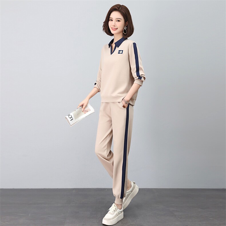 时尚休闲翻领绣花撞色套装显瘦百搭长袖运动服两件套,女装套装/套裙,依恋蒂丝