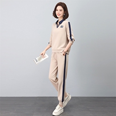 时尚休闲翻领绣花撞色套装显瘦百搭长袖运动服两件套，女装套装/套裙，依恋蒂丝