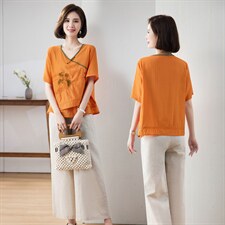 现货2023小众设计复古盘扣设计文艺刺绣休闲套装，女装套装/套裙，深水步