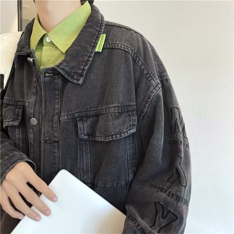 美式复古黑色牛仔外套男高街潮牌ins潮流宽松情侣春夏装工装夹克,男装夹克,星座1210-1
