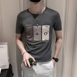 黑色2022精神小伙修身男士冰丝针织短袖T恤潮 T085-P48控68图片