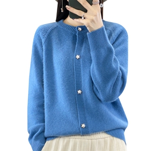 圆领100%羊绒开衫女秋冬新款宽松显瘦羊毛长袖纯色针织毛衣外套图片
