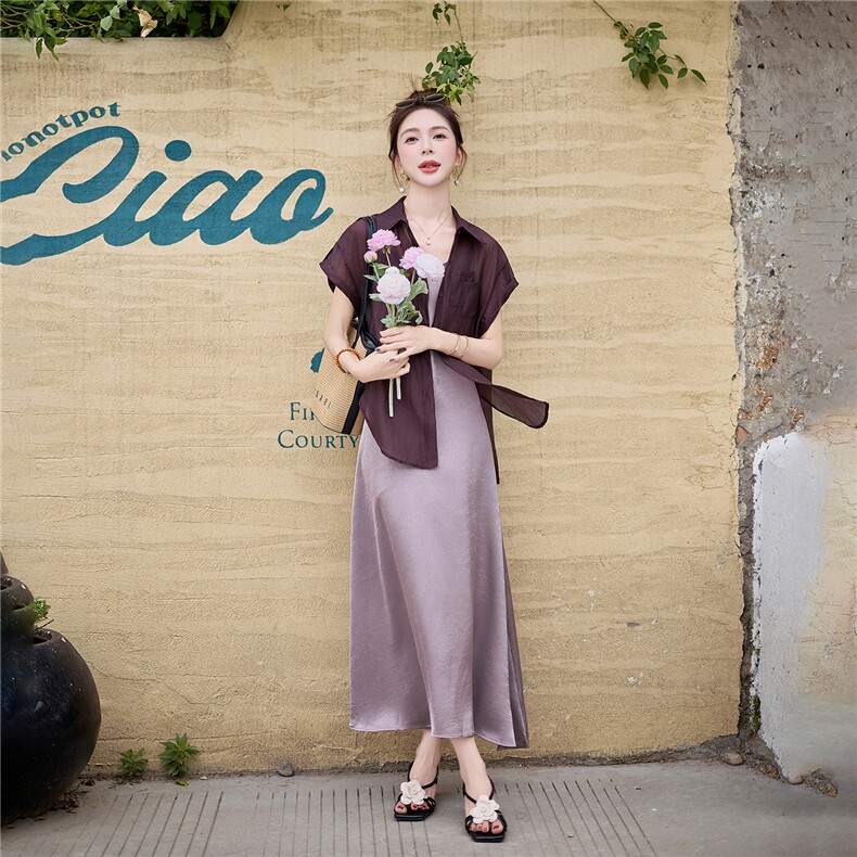 可退现2025夏季现货可推天丝轻薄短袖防晒衬衫＋醋酸提花吊带裙女，女装套装/套裙，苗苗