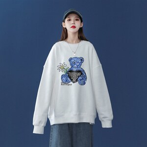 中性风 2026秋季新款设计感小熊腰果花印花圆领卫衣W175P30控48--图片