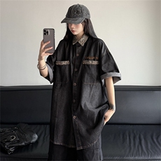 美式高街潮牌时尚高质量短袖衬衫男女复古豹纹拼接衬衣JK1187-P58，男装T恤，星座1103-3
