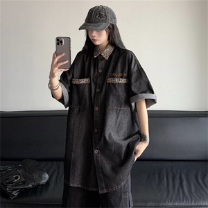 美式高街潮牌时尚高质量短袖衬衫男女复古豹纹拼接衬衣JK1187-P58图片
