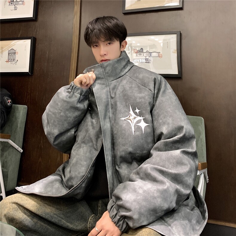 港风PU皮复古做旧可拆卸四芒星胸针设计棉衣男MY77721P128控168，男装棉衣，星座227-7