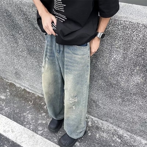 美式破洞牛仔裤男款cleanfit裤子高街潮牌阔腿休闲裤72777-p42图片