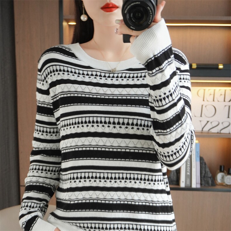 圆领早秋上衣薄款针织衫女装春秋2025新款拼色镂空打底条纹小香风，女装针织衫/毛衣，斯美雅电商供货
