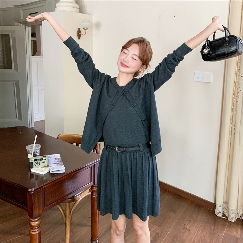 针织开衫+百褶背心连衣裙两件套装2C267-929-P120-K198，女装套装/套裙，茵姿媚